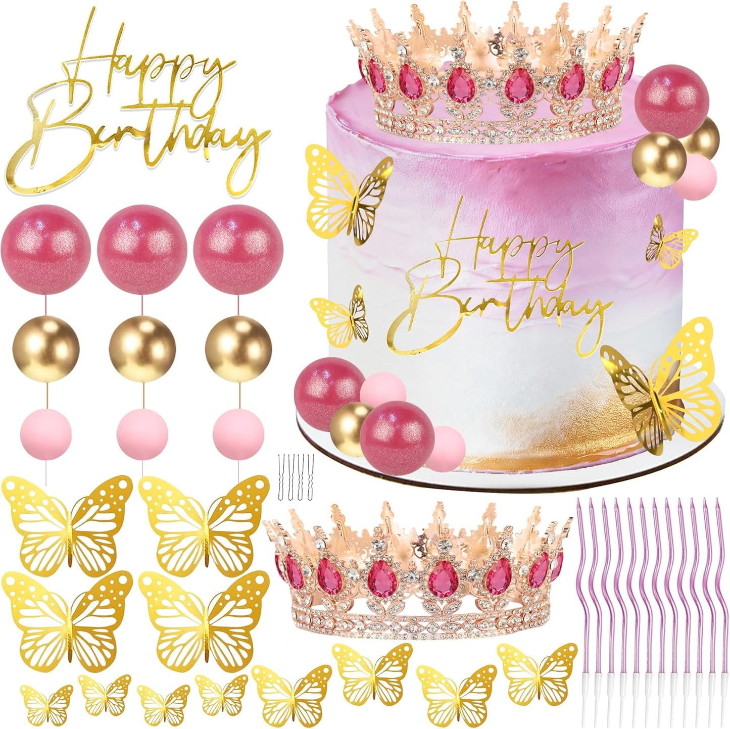 Crown Cake Topper, Balls Happy Birthday Cake Topper Pink Crown Birthday Candles Gold Butterflies, Corona Para Pastel, Cake Decorations for Birthday Wedding (Gold, Pink)