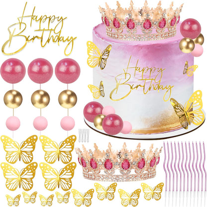 Crown Cake Topper, Balls Happy Birthday Cake Topper Pink Crown Birthday Candles Gold Butterflies, Corona Para Pastel, Cake Decorations for Birthday Wedding (Gold, Pink)
