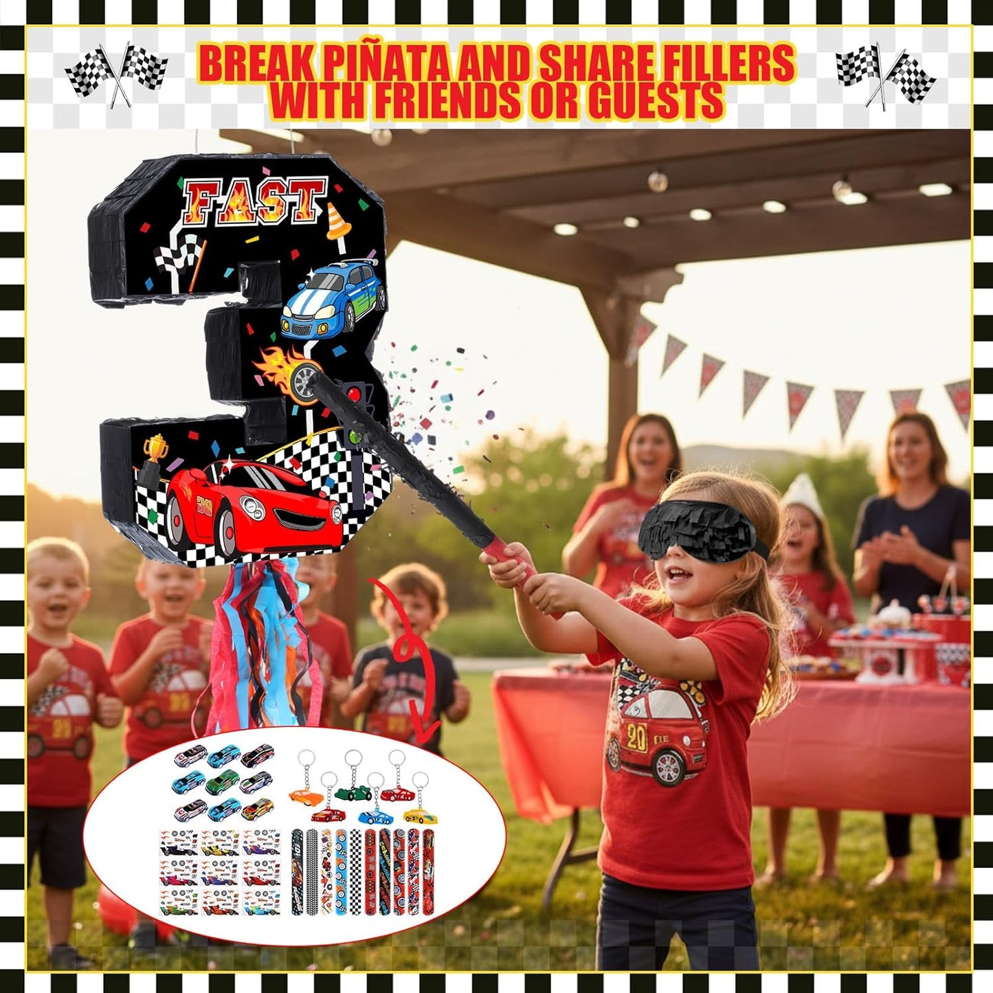 Pasimy Number 3 Piñata Race Car Party Favors Set with Black Red Birthday Piñata Stick Blindfold Slap Bracelet Keychain Sticker Racecar Party Gifts Birthday Decorations Goodie Bag Stuffer Supplies