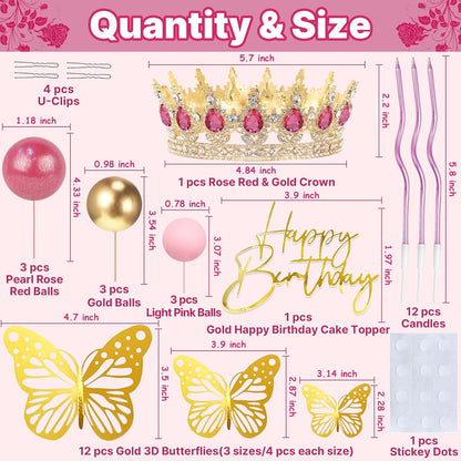 Crown Cake Topper, Balls Happy Birthday Cake Topper Pink Crown Birthday Candles Gold Butterflies, Corona Para Pastel, Cake Decorations for Birthday Wedding (Gold, Pink)
