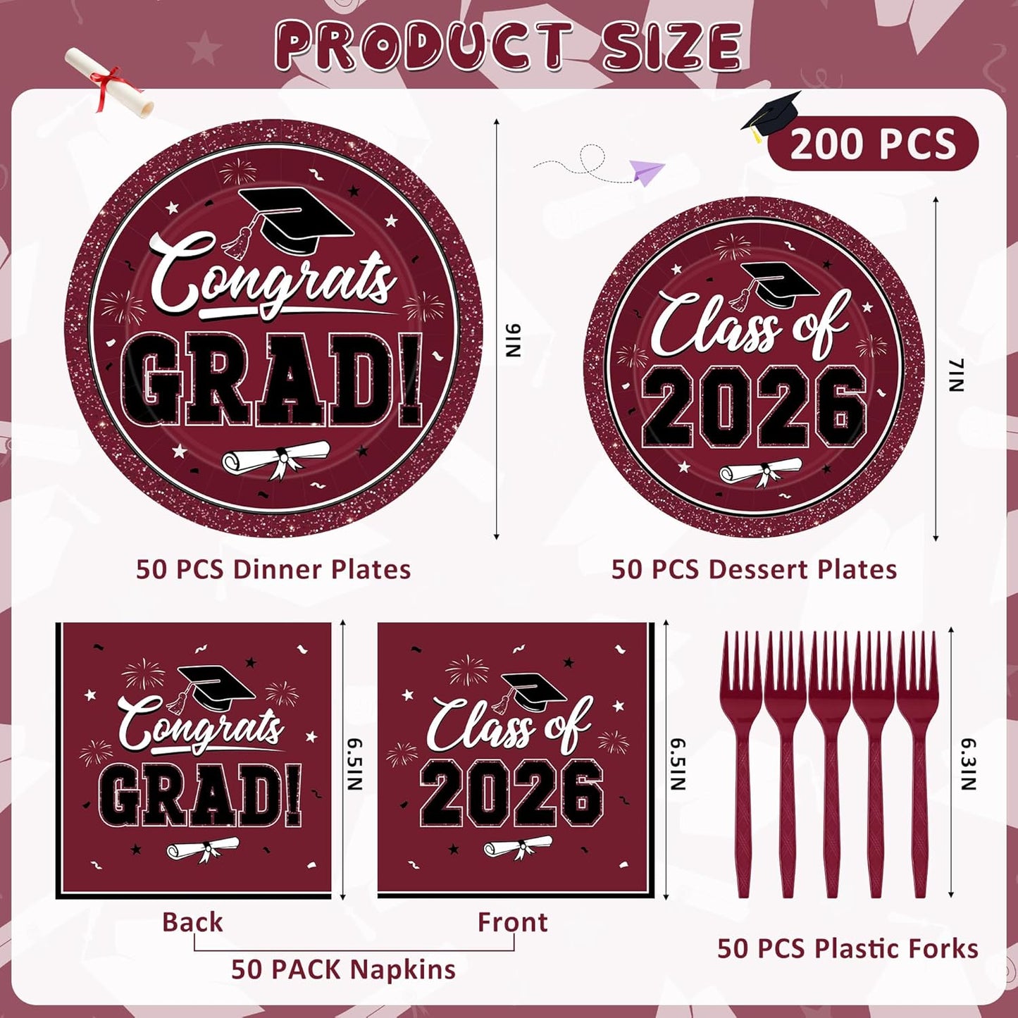 200Pcs Graduation Decorations 2026, Blue Graduation Plates and Napkins Party Supplies for 50 Guests, Disposable Grad Plates, Napkins, Dessert Plates and Forks for Grad Decor Wedding Birthday Supplies
