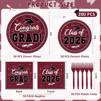200Pcs Graduation Decorations 2026, Blue Graduation Plates and Napkins Party Supplies for 50 Guests, Disposable Grad Plates, Napkins, Dessert Plates and Forks for Grad Decor Wedding Birthday Supplies