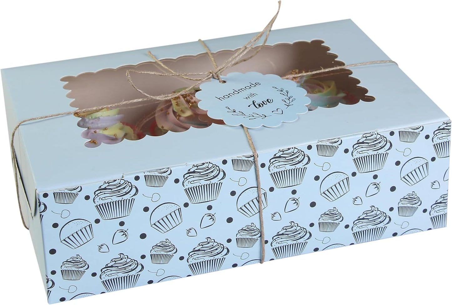 20-Pack Brown Cupcake Boxes with Insert Trays, Tags and Twine | Food Grade Kraft Bakery Boxes with Window to Fit 6 Cupcakes