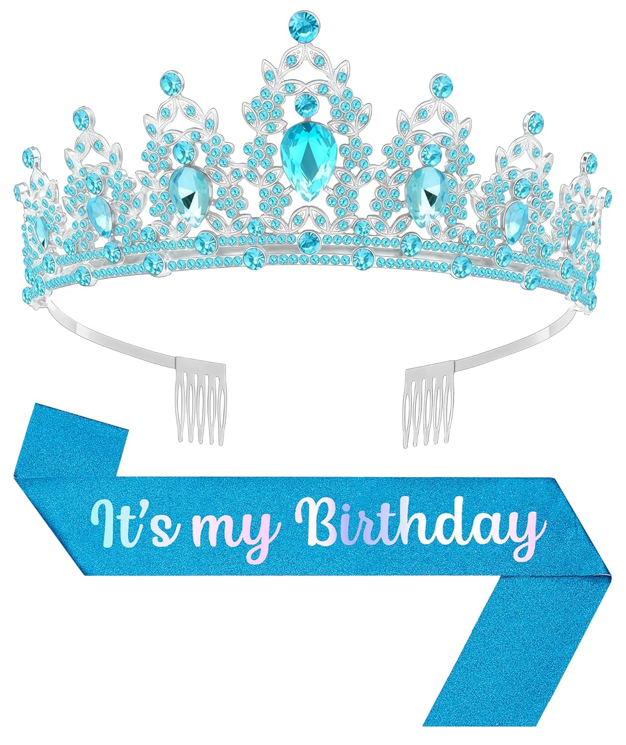 Birthday Tiara and Crown with Sash, Birthday Tiara for Women Party Silver