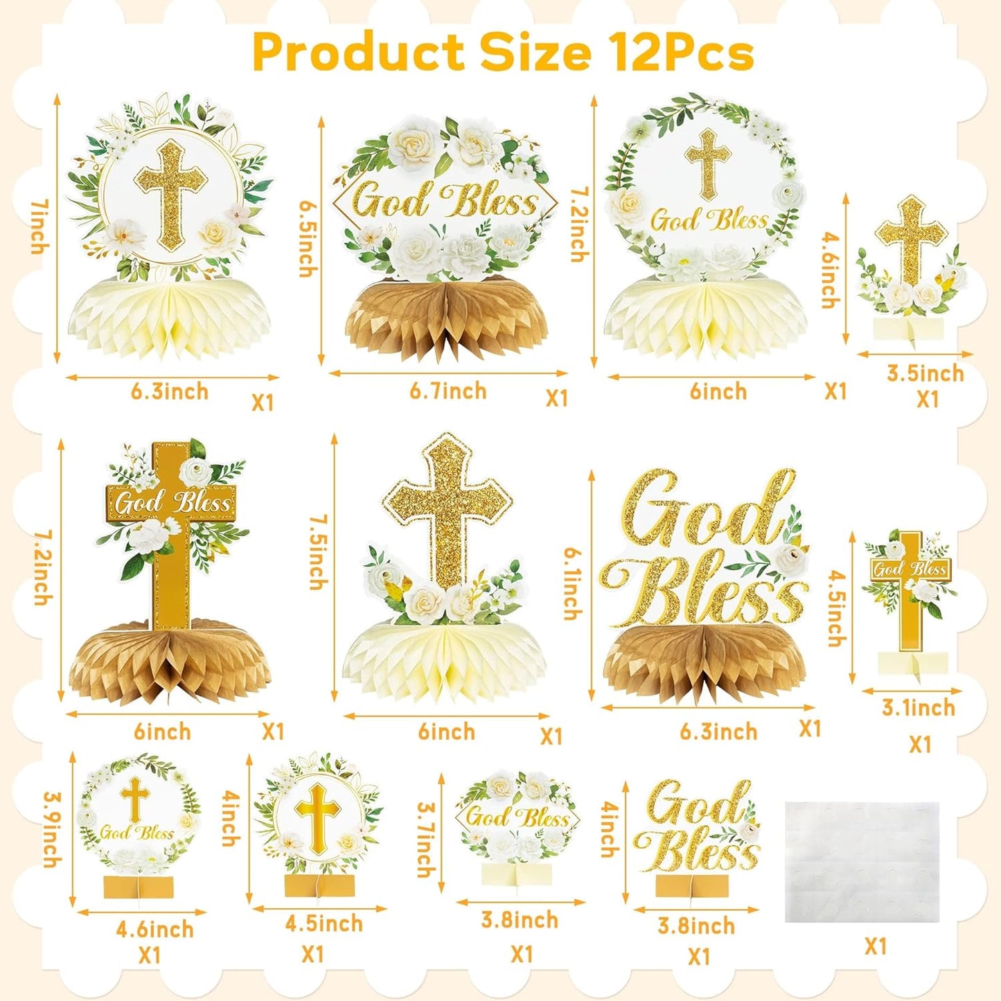 ANGOLIO White Gold Floral Honeycomb Centerpieces - 12Pcs Cross Rose Greenery God Bless Baptism Party Decoration Baby Shower First Communion Birthday Party Supplies for Boy Girl 3D Wedding Table Topper