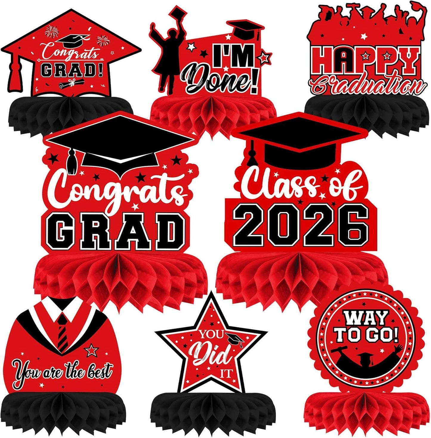 8 Pieces Class of 2026 Graduation Table Decorations - 2026 Congrats Grad Honeycomb Centerpieces, Red Black Graduation Table Toppers Decor for 2026 Graduation Party Decorations Favor Supplies