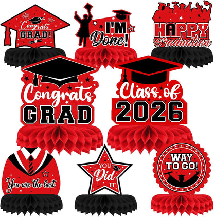 8 Pieces Class of 2026 Graduation Table Decorations - 2026 Congrats Grad Honeycomb Centerpieces, Red Black Graduation Table Toppers Decor for 2026 Graduation Party Decorations Favor Supplies