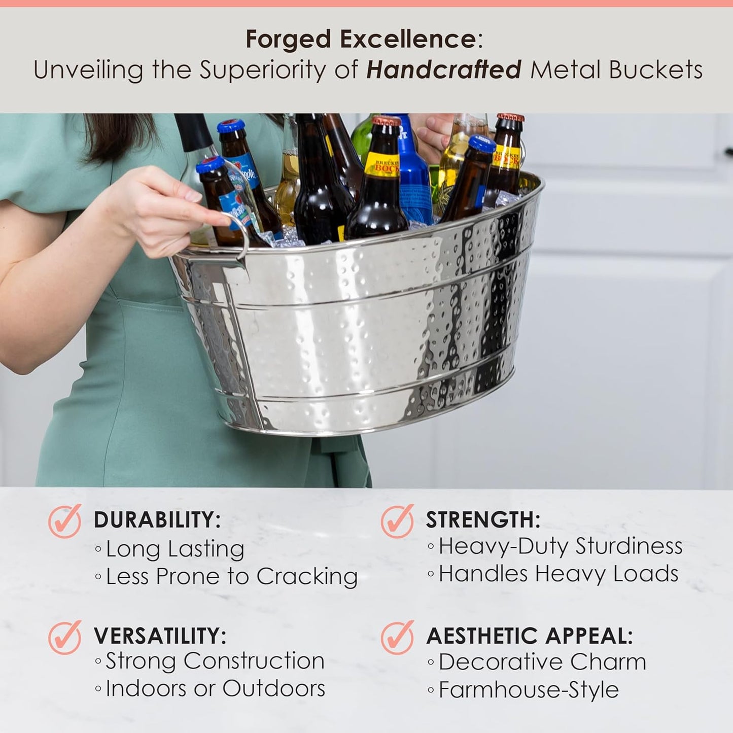 BREKX Galvanized Beverage Tub for Parties, Oval Drink Bucket with Handles, Colt Copper Finish Wine Cooler Bucket for Home Bar (15-Quarts, 16-Bottles), Long-Lasting for Years of Celebrations
