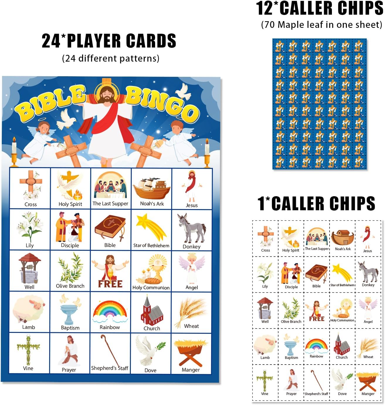 24 Players Bible Bingo Game, Bingo Game for Adults, Jesus Christian Sunday Church Activity, Religious Party Xmas Party Decorations Supplies, Vacation Bible School Bingo Cards