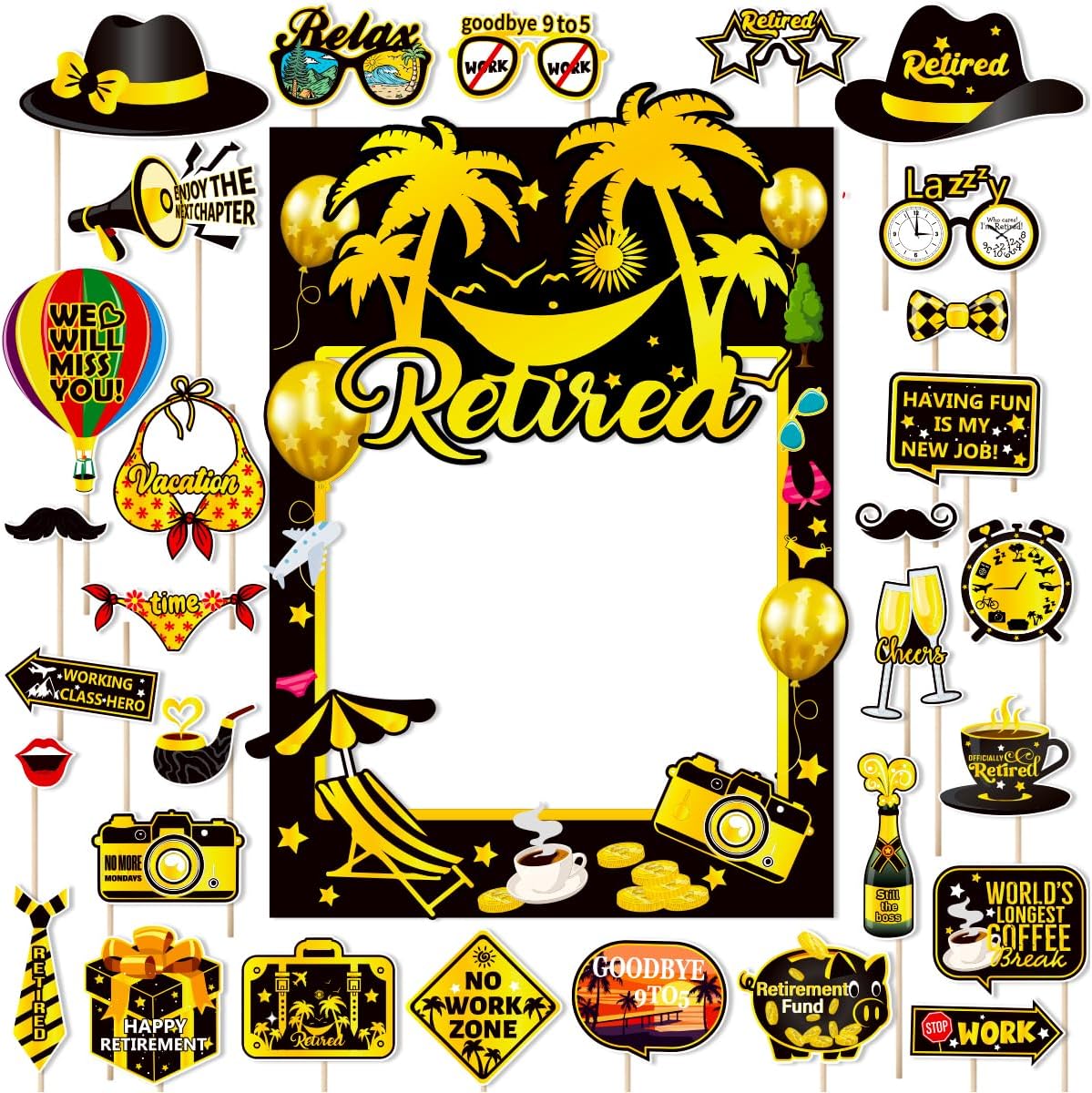 Retirement Party Photo Booth Props Kit Retirement Selfie Props Retirement Party Supplies Retirement Happy Party Decoration - 30pcs Selfie Props with Happy Retirement Frame - Black and Gold Theme