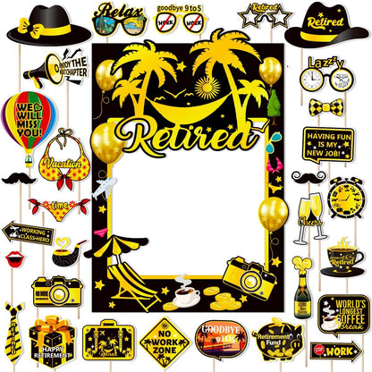 Retirement Party Photo Booth Props Kit Retirement Selfie Props Retirement Party Supplies Retirement Happy Party Decoration - 30pcs Selfie Props with Happy Retirement Frame - Black and Gold Theme