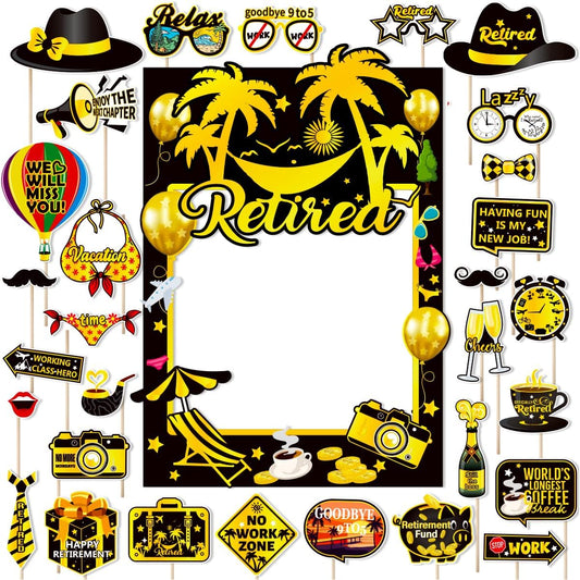 Retirement Party Photo Booth Props Kit Retirement Selfie Props Retirement Party Supplies Retirement Happy Party Decoration - 30pcs Selfie Props with Happy Retirement Frame - Black and Gold Theme