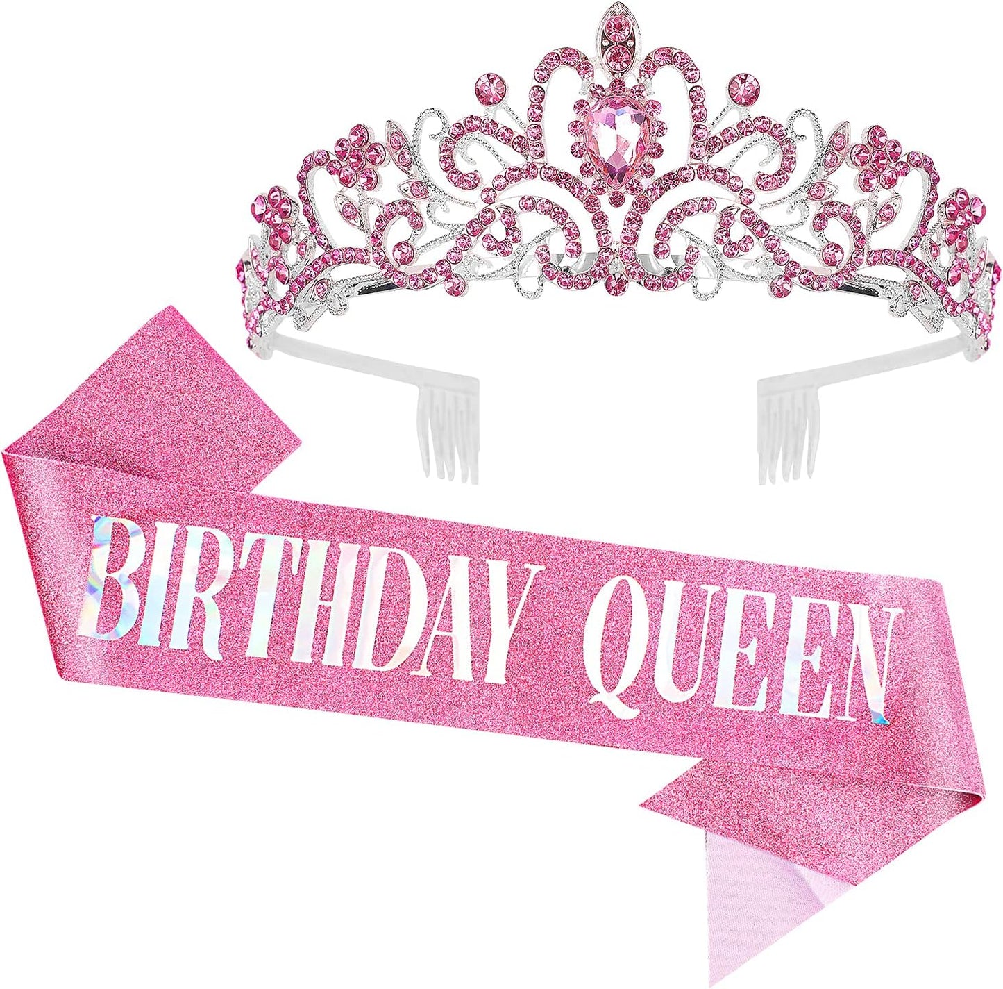 Happy Birthday Queen Tiara Crowns for Women, Red Sash, Party Favors Supplies Gift, 30th Decorations, Stuff Accessories