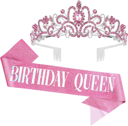 Happy Birthday Queen Tiara Crowns for Women, Red Sash, Party Favors Supplies Gift, 30th Decorations, Stuff Accessories