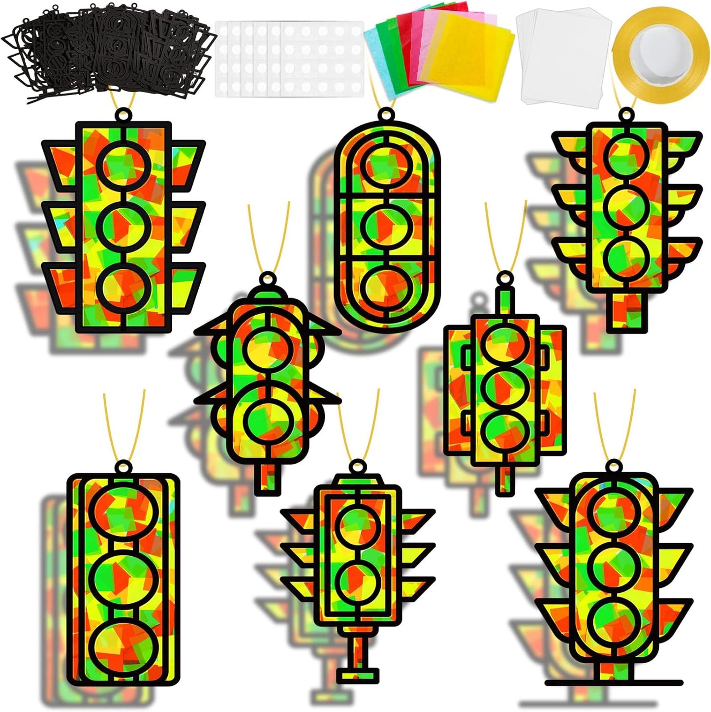 QOUBAI 32 Sets Stars Suncatchers Craft Back to School DIY Stained Glass Window Patriotic 4th of July Paper Craft Home School Classroom Decor Kid Birthday Gift Creative Art Activity Game - Colors A