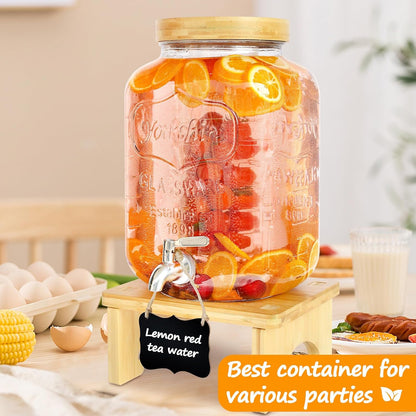 2 Gallon Drink Dispenser with Stand，Glass Beverage Dispenser With Wood Stand, 18/8 Stainless Steel Spigot and Labels Large Water Drink Dispensers for Parties, Lemonade,Juice, Tea