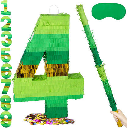PCFING 20 Inch Number 1 Piñata Green Gold with 30 Inch Piñata Stick Blindfold Confetti for Boy Girl Adults Birthday Party Decorations, Anniversary Celebration, Fiesta