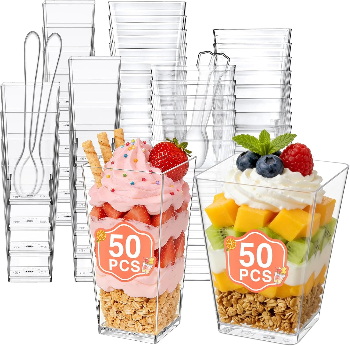 Eupako 3 oz Plastic Dessert Shooter Cups with Spoons - 100 Pack Mini Clear Slanted Appetizer Cup, Small Dessert Cup for Jello Shots, Parfait, Puddings, Mousse