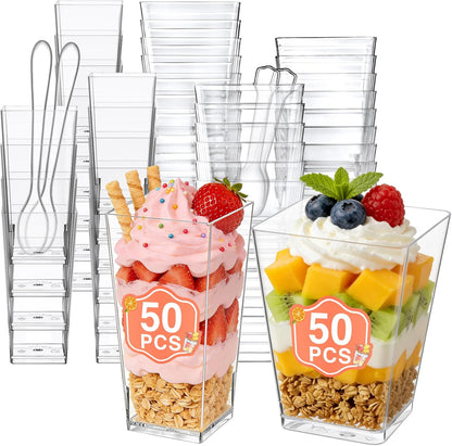 Eupako 3 oz Plastic Dessert Shooter Cups with Spoons - 100 Pack Mini Clear Slanted Appetizer Cup, Small Dessert Cup for Jello Shots, Parfait, Puddings, Mousse