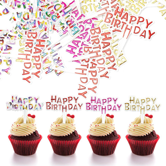 100 PCS Colorful Happy Birthday Cupcake Toppers, Small Plastic Cake Toppers for Birthday, Baby Shower, Anniversary, Party Decorations
