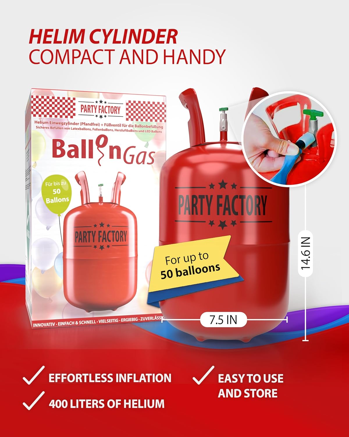 Party Factory Helium bottle for up to 50 Balloons incl. Latexballoons, Helium Cylinder 14 cu. ft. Gas with filling quantity for Balloons, Ideal for Party, Events