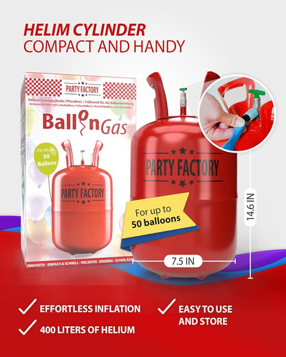 Party Factory Helium bottle for up to 50 Balloons incl. Latexballoons, Helium Cylinder 14 cu. ft. Gas with filling quantity for Balloons, Ideal for Party, Events