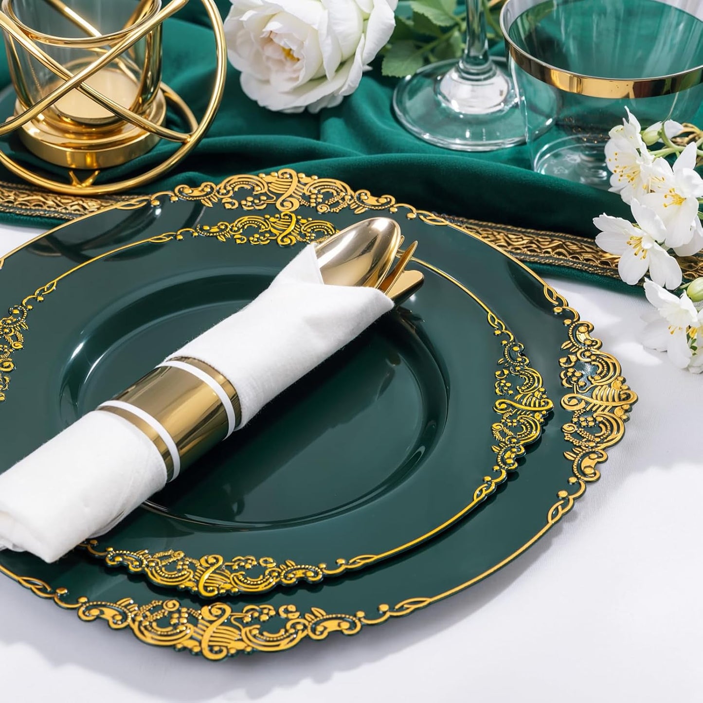 Nervure 350PCS Gold Plastic Plates - Gold Plastic Dinnerware Sets for 50 Guests - 100 Disposable Plates, 150 Silverware, 50 Cups, 50 Napkins for Wedding & Party & Mothers Day