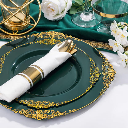 Nervure 350PCS Gold Plastic Plates - Gold Plastic Dinnerware Sets for 50 Guests - 100 Disposable Plates, 150 Silverware, 50 Cups, 50 Napkins for Wedding & Party & Mothers Day