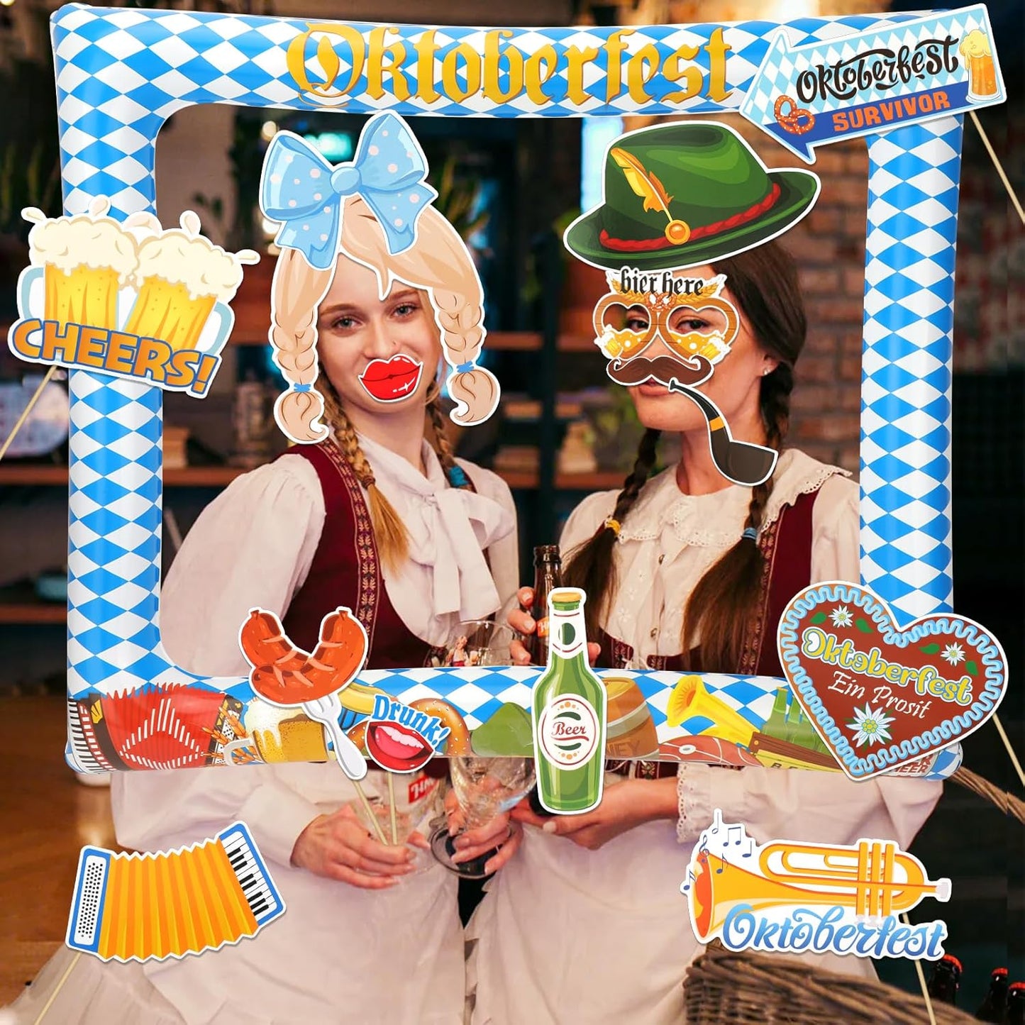 HOWAF 30pcs Oktoberfest Party Photo Booth Props with Inflatable Photo Booth Frame, German Beer Festival Photo Pops Kit for Oktoberfest Party Supplies