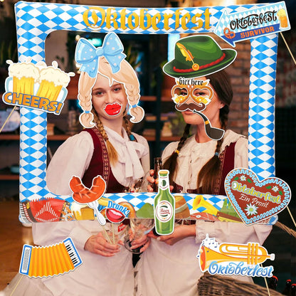 HOWAF 30pcs Oktoberfest Party Photo Booth Props with Inflatable Photo Booth Frame, German Beer Festival Photo Pops Kit for Oktoberfest Party Supplies