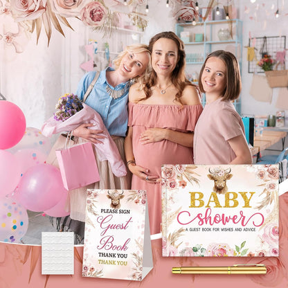 Fuyoooo 27 Pcs Safari Animal Baby Shower Guest Book Set Baby Shower Sign in Guest Floral Book Place Table Cards with Gold Pen Adhesive Photo Corner for Birthday Party