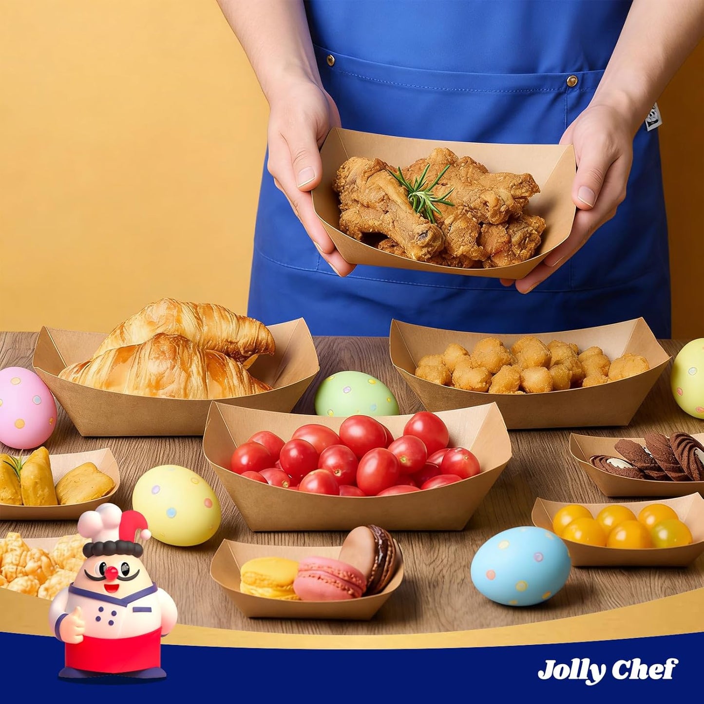 JOLLY CHEF 3lb Paper Food Trays,250 Pack Disposable Boat, Extra Large Food Serving Holder Tray for Gameday,Party, Nachos, Hot Dogs, Taco, French Fries