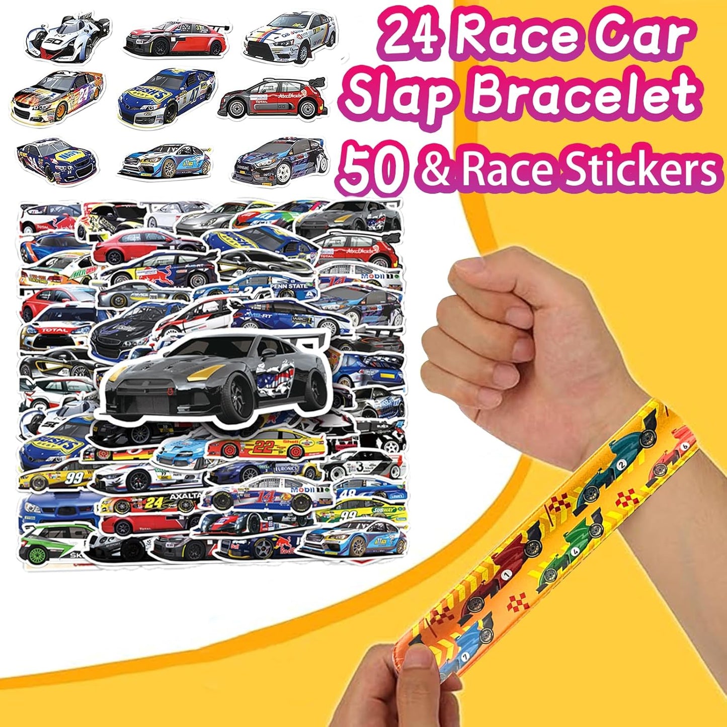 CZWXOXO 74 Pcs Racing Theme Party Favors 24 Pcs Slap Bracelets 50 Pcs Stickers Racing Birthday Party Decorations，Classroom Rewards Supplies