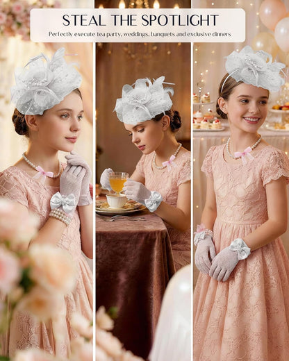 Girls Tea Party Fascinators Hats for Kids Fascinator Tea Party Hat Headband with Gloves Accessories for Girls