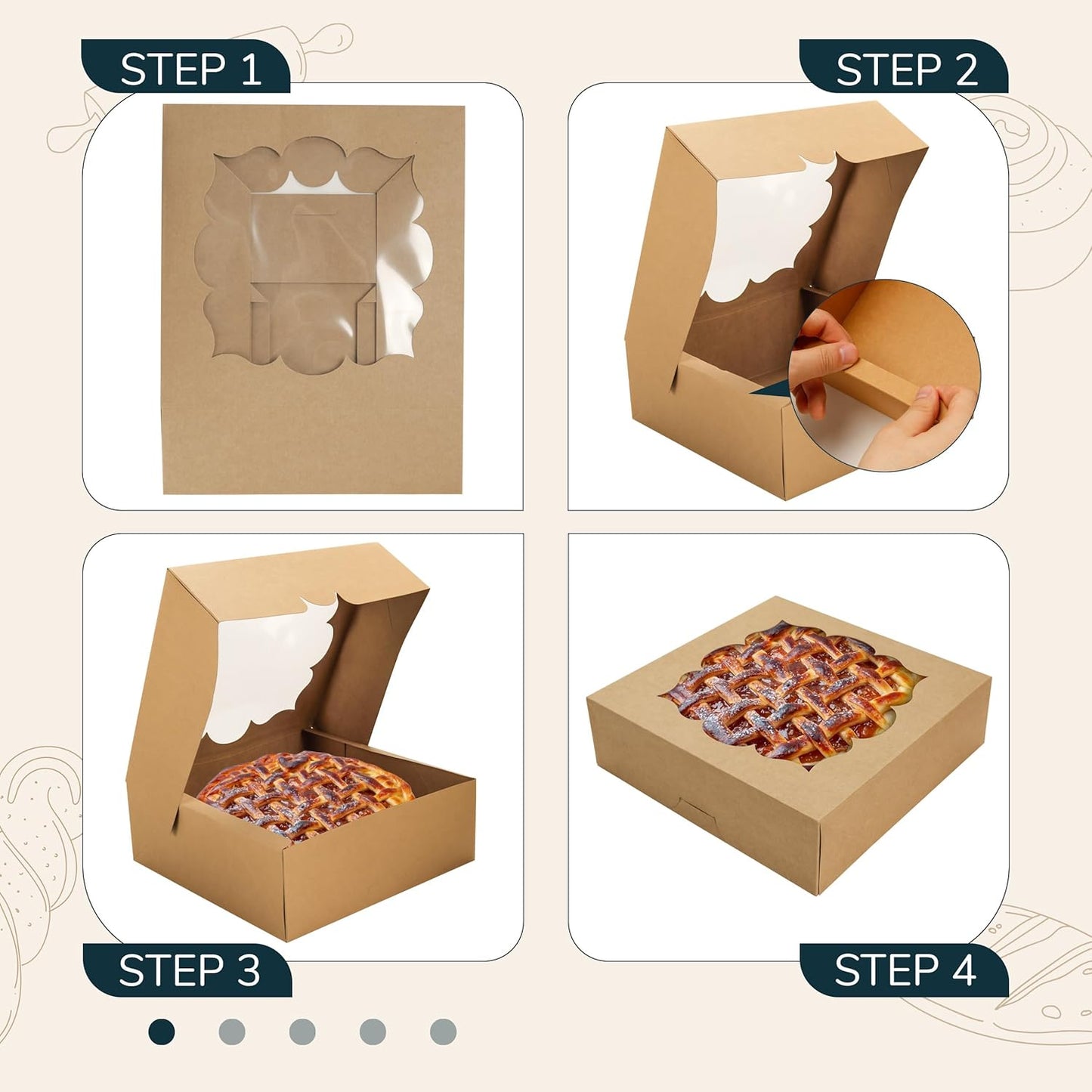 NPLUX 30 Pack Pie Boxes with Window 10x10x3 in Bakery Boxes Perfect for Pies, Cheesecake, Cookies, Muffins and Chocolate Covered Strawberries (White)