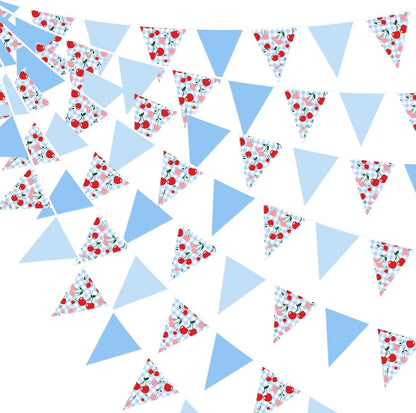 32Ft Dusty Blue Party Decorations Retro Blue Gingham Triangle Banner Flag Pennant Fabric Garland Streamers for Nautical Wedding Birthday Ahoy Achor Bridal Baby Shower Under The Sea Decor Supplies