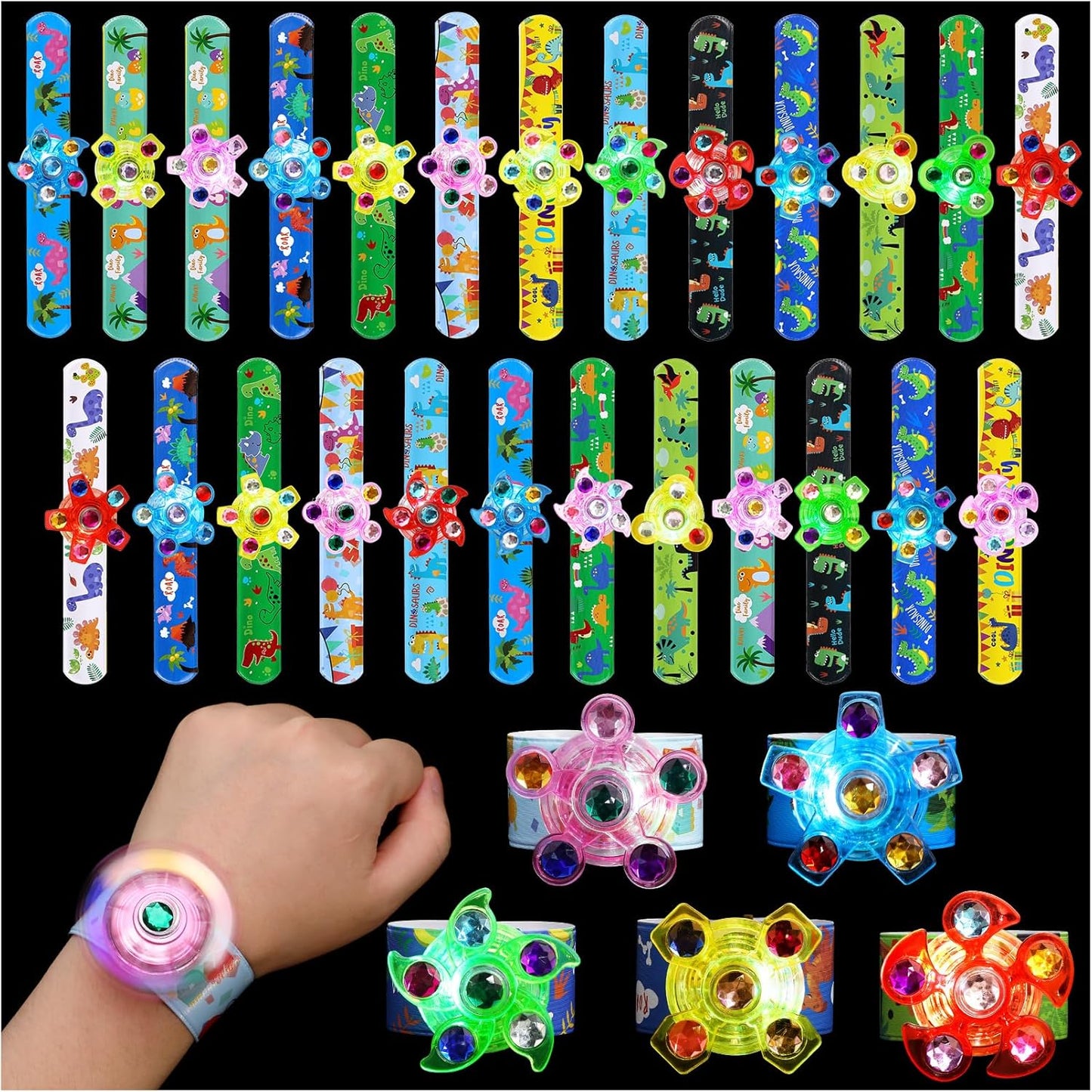 SCIONE 25 Pack Light Up Slap Bracelets for Kids, Dinosaur Party Favors for Kids 4-8-12, Valentine Goodie Bag Stuffers, Glow in The Dark supplies, treasure box toys for classroom