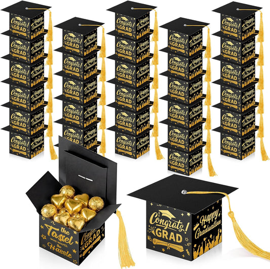 TaoBary 30 Pcs Graduation Cap Candy Box 2026 Graduation Decorations Party Favors Gifts Grad Cap Box with Tassel for Candy Chocolate Biscuit Supplies(Black)