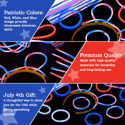 JOYIN 120 Pcs 4th of July Glow Sticks Bulk, 8” Red White Blue Striped Lightup Sticks with Connectors, Glow in the Dark Headband Bracelet Necklace for Independence Day Party Favor Accessory Supply