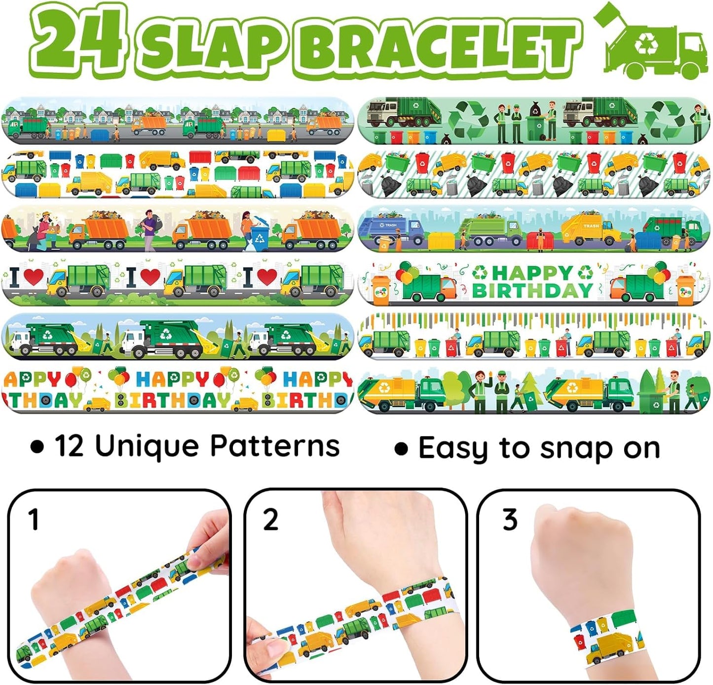 96 PCS Garbage Truck & Trash Truck Party Favors - 72 Pre-Cut Temporary Tattoos & 24 Slap Bracelets for Kids, Birthday Decoration Supplies, Goodie Bag Stuffers Gifts