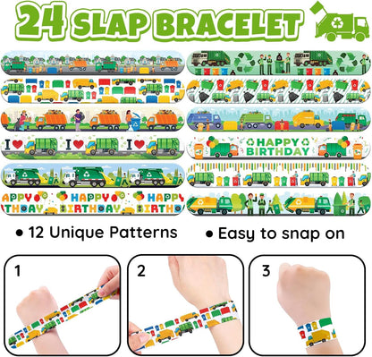 96 PCS Garbage Truck & Trash Truck Party Favors - 72 Pre-Cut Temporary Tattoos & 24 Slap Bracelets for Kids, Birthday Decoration Supplies, Goodie Bag Stuffers Gifts