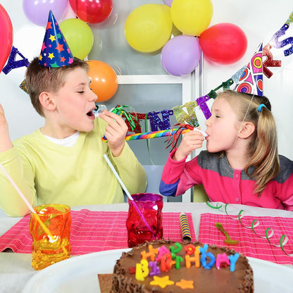 12pcs Glitter Fringed Party Blowers, Colorful Birthday Blow Horns Funny Noise Makers Party Favors Squawker Blowouts for Birthday New Years Graduation