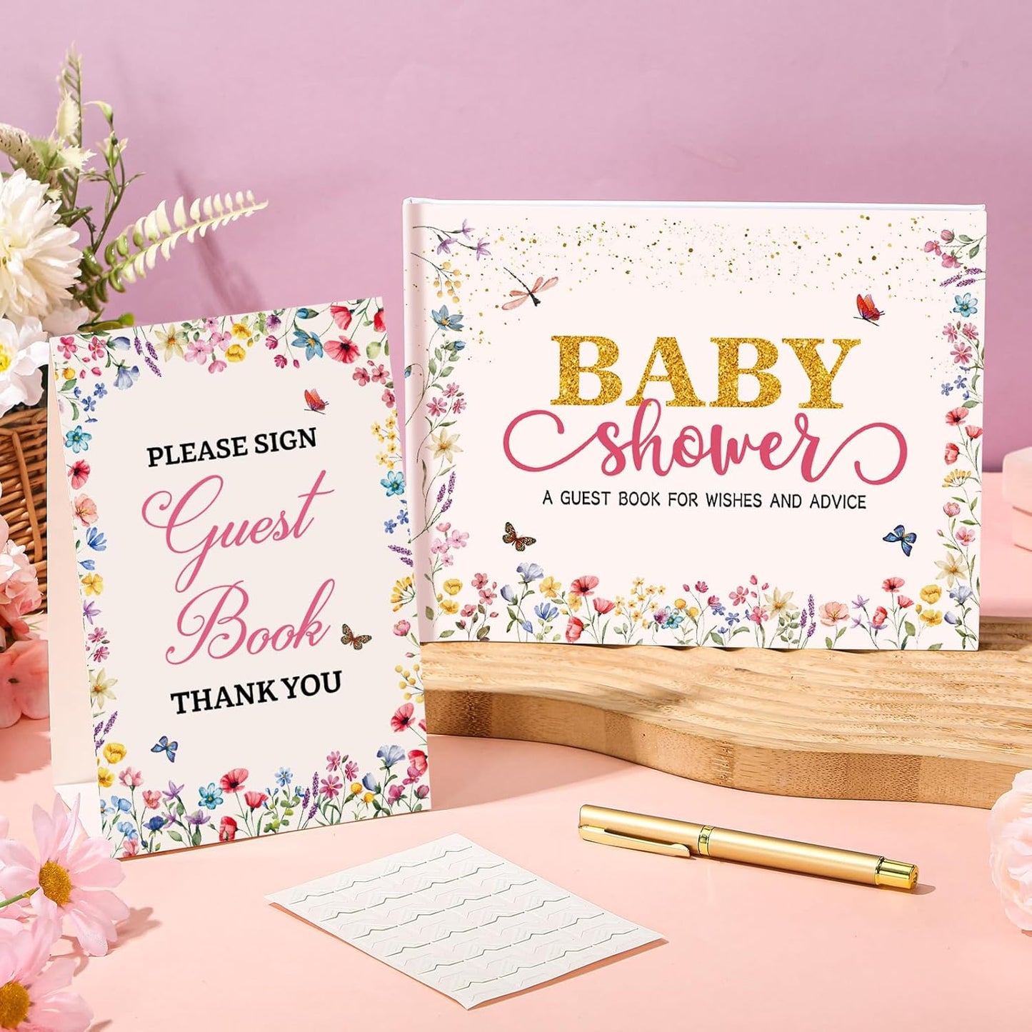 Fuyoooo 27 Pcs Safari Animal Baby Shower Guest Book Set Baby Shower Sign in Guest Floral Book Place Table Cards with Gold Pen Adhesive Photo Corner for Birthday Party