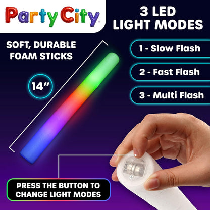 Party City 48pk LED Foam Glow Sticks 14”- Glow in the Dark Party Supplies Favors, Colorful Flashing Wand with 3 Modes, Foam Light Up Sticks Bulk Party Pack for Wedding, Birthday, Concert, Halloween