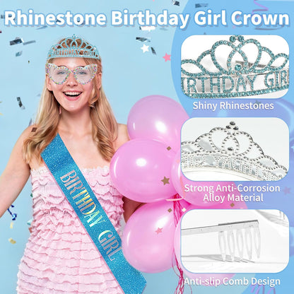 3Pcs Birthday Girl Sash Headband Set-Birthday Sash Tiara and Crown Sunglasses for Girls Women