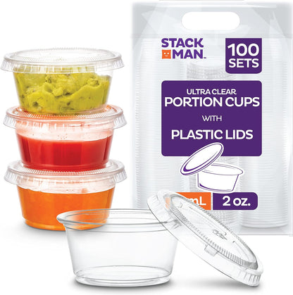 [100 Sets - 5.5 oz.] Plastic Clear Portion Cups, Snack / Yogurt /Parfait/ Pudding / Souffle /Dessert Cups, Disposable Containers with Lids 5.5oz.