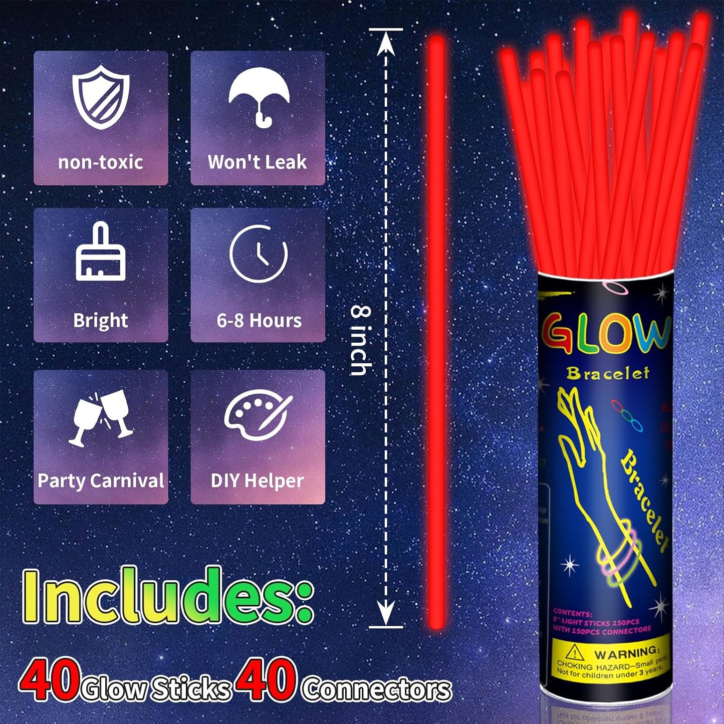 40 Pack 8” Red Glow Sticks Bracelet Necklaces Bulk with 40 Connectors Neon Glow In The Dark Party favors Supplies for Holiday Birthday Party Decoration (Red)