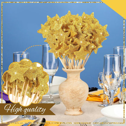 Suzile 60 Pcs Golden Star Floral Pick 8'' Star Centerpiece Table Decor Gold Glitter Craft Stick Sparkly Foam Stem for Floral Arrangement Wreath Wedding Bridal Baby Shower Birthday Stars Arrangement