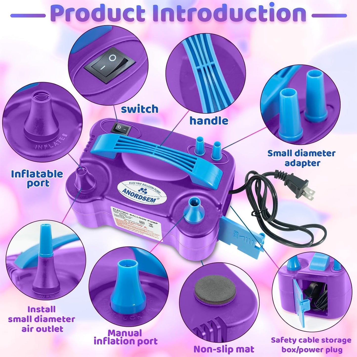 Anordsem Electric Balloon Air Pump: Polypropylene Plastic Case with Dual Nozzle - Quick Inflating for All Balloons at Home - Blower Machine Knotter/Ribbon for Parents Party DIY Decoration