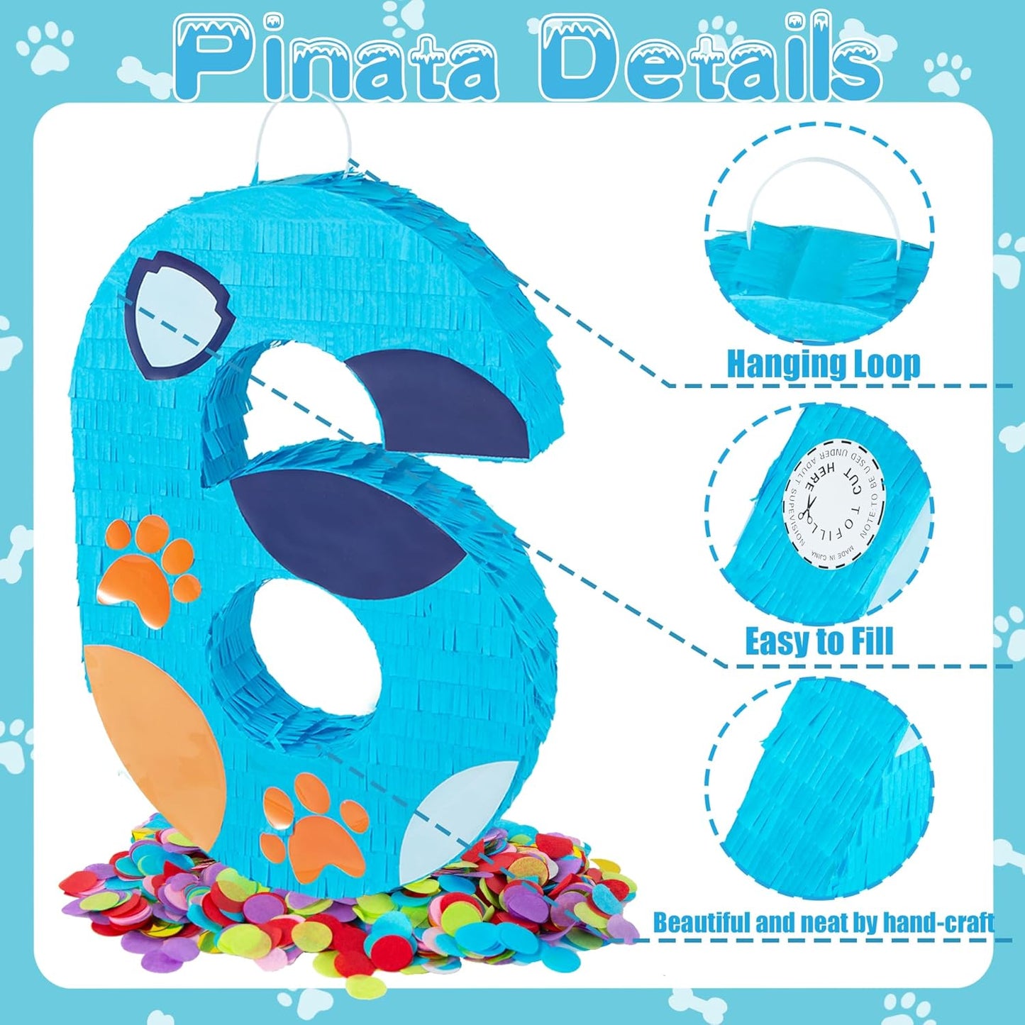 PCFING 20 Inch Dog Paw Number 1 Piñata with 30 Inch Piñata Stick Blindfold Confetti for Boy Girl Adults Birthday Party Decorations, Anniversary Celebration, Fiesta